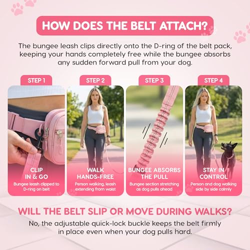 Hands Free Dog Leash with Zipper Storage Pouch - Waist Belt Bungee Running, Walking & Hiking Leash - Padded Handle - Seat Belt Attachment - Reflective No Pull Control for Medium Large Dogs 10-120 lbs