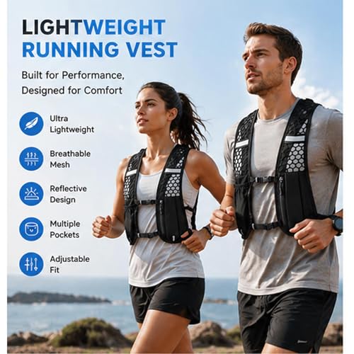 Running Vest Backpack, 120G Lightweight Running Pack with Phone Holder and Bottle Pocket, Reflective Adjustable Running Vest for Marathon, Hiking, Cycling, Men Women