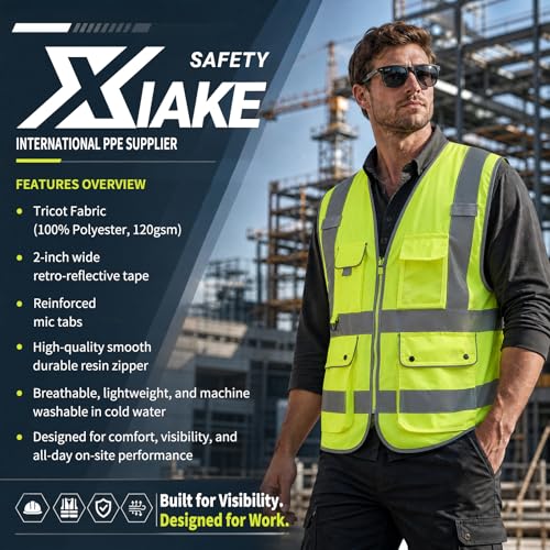 XIAKE Reflective Safety Vest for Men & Women High Visibility Class 2 Vest with Pockets Meets ANSI Standards - color: Yellow, size: X-Large