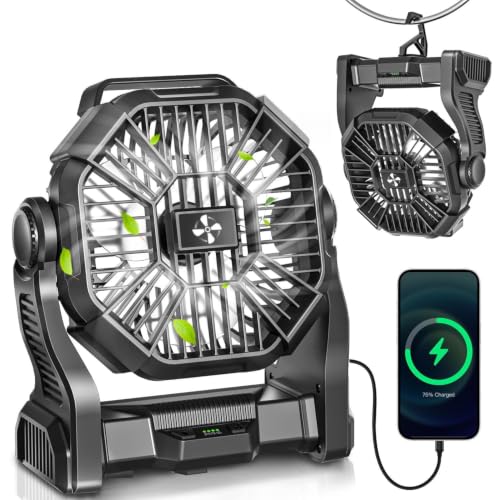 AEscod Portable Camping Fan, Rechargeable Battery Operated with LED Lights, Hanging Hook, 270°Rotation, 20000mAh Battery Powered Fan for Beach, Office, Picnic, Fishing, Travel, Tent