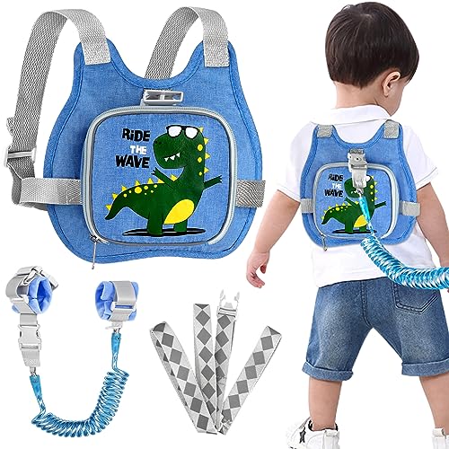 Toddler Harness Leash+ Anti Lost Wrist Link, Accmor Cute Dinosaur Kids Harness with Leash, Foldable Child Leash Baby Walking Wristband Assistant Strap Belt for Parent Boys Outdoor Activity - color: Blue/Tyrannosaurus Rex