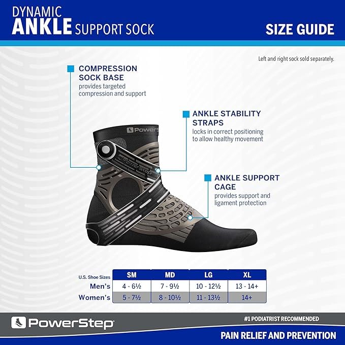 PowerStep Dynamic Ankle Support Sock, Ankle Brace and Ankle Compression Sock, for Flexibility, Ankle Support and Injury Prevention, Pain Relief, Unisex (Right Medium, Men's 7-9.5, Women's 8-10.5) - size: Right Medium (Men's 7-9.5, Women's 8-10.5)