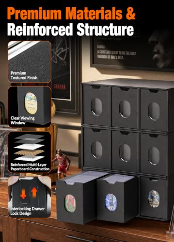 Topload Storage Drawer Organizer, Stackable Cardboard Trading Card Storage Box with Clear Viewing Window, Labels & Sorting Cards for Sports Cards, Baseball Cards and TCG Collections (9 Drawers)