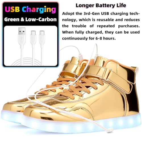 APTESOL Unisex Rechargeable LED Light Up Shoes Men Women High Top Sneakers - color: Gold, size: 11 Women/9.5 Men
