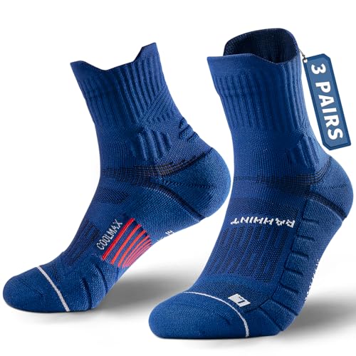 Rahhint CoolMax Quarter Compression Running Socks for Men Women, Wicking Cushion Athletic Hiking Socks 3 Pairs - color: Dark Blue, size: 9-13