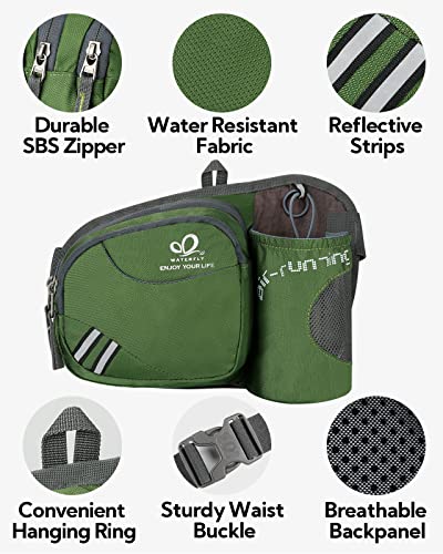 WATERFLY Fanny Pack Waist Bag: Waist Pack for Women Men with Water Bottle Holder Hiking Fanny Pack for Running Walking DogWalking Travel Cycling - color: Army Green