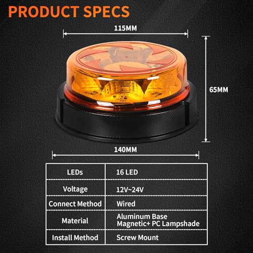 LED Amber Warning Beacon Light, 16LEDs 12/24V Orange Blinking Lamp - color: Style 2