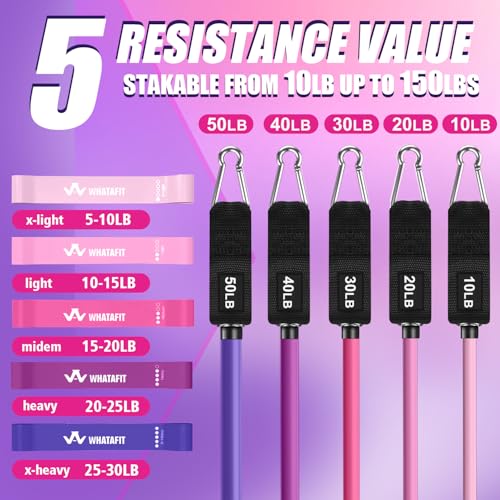 WHATAFIT Resistance Bands with Handles, 150 lb Exercise Bands Set - color: Pink Purple 16PCS