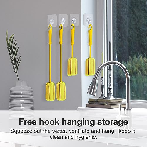4PCS Yellow Soft Sponge Bottle Cleaning Brush Plastic Handle Cup Brush Scrubber Washing Brush vase Bottle Pot Cleaner（2 Size 10”15”） - color: Yellow