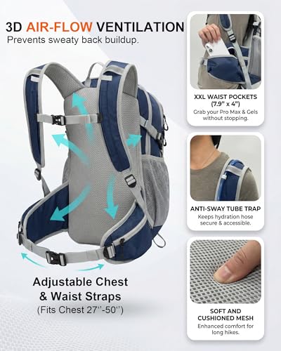 VPBAGE Hydration Backpack with 2L Bladder – Thermal Insulated Water Pack for Hiking, Skiing, Running – Lightweight Daypack for Men & Women, Soft-Lined Sunglasses Pocket & Large Waist Pockets - color: Navy Blue