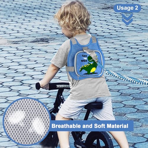 Toddler Harness Leash+ Anti Lost Wrist Link, Accmor Cute Dinosaur Kids Harness with Leash, Foldable Child Leash Baby Walking Wristband Assistant Strap Belt for Parent Boys Outdoor Activity - color: Blue/Tyrannosaurus Rex