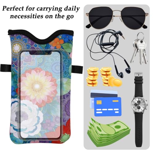 GLOBLELAND Mandala Flowers Nylon Cell Phone Sleeve Pouch Case Bag 7.1×3.9 inch Datura Flowers Shockproof Universal Phone Bag with Crossbody Strap Neck Lanyard for Women Men Phone Headphones Watch - color: Mandala