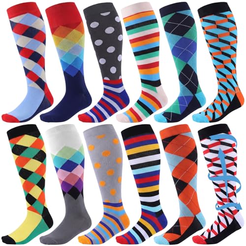 Shyyween 12 Pairs Men Knee High Compression Socks - size: Large, style: Color Wave
