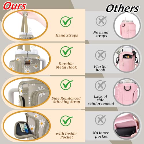 Water Bottle Carrier Bag for Stanley 40/30oz Cup Tumbler with Phone Pocket,Insulated Crossbody Water Bottle Holder with Adjustable Strap,Water Bottle Sling Pouch for Hiking Walking Camping Accessories - color: Khaki Daisy