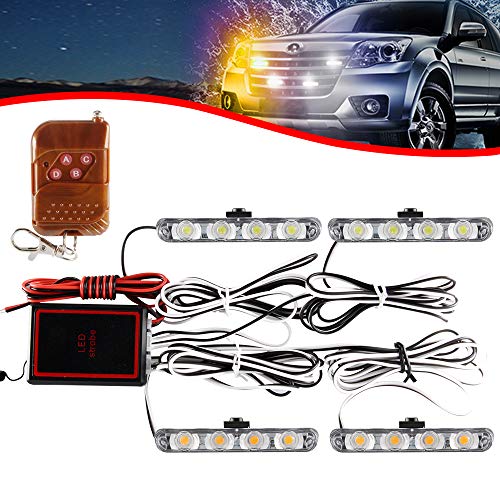 4x4 LED 4 in 1 Surface Mount Grill Light DC12V Wireless Remote Emergency Flashing Beacon Lamp Police Light Strobe Warning For Truck Trailer Caravan Van (White Amber) - color: Amber & White, size: 4 in 1