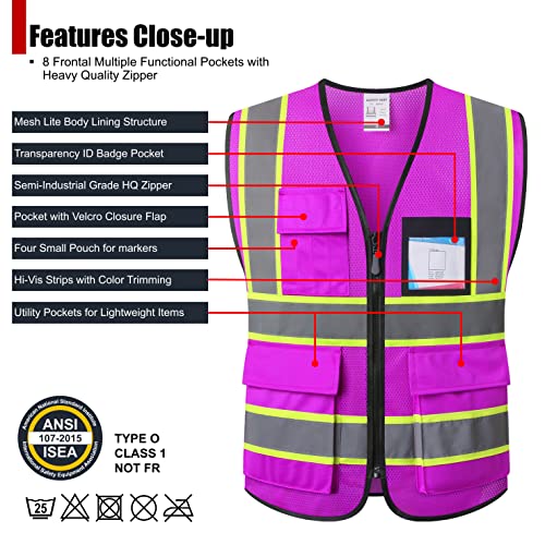 Reflective Safety Vest for Men Women Hi Vis Vest with 8 Pockets High Visibility Mesh Reflective Vest (Purple-07, Large) - color: Purple, size: Large