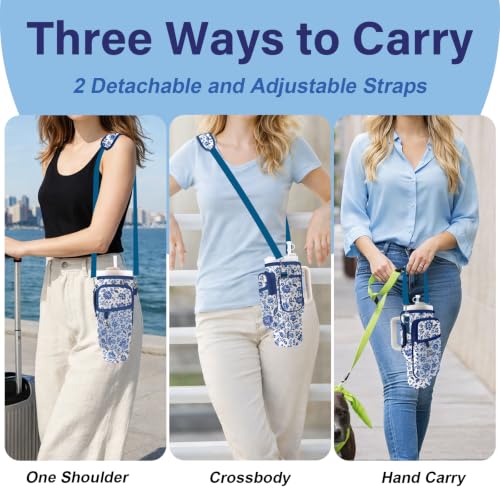 Water Bottle Carrier Bag for Stanley Cup 40/30oz, Neoprene Water Bottle Holder Pouch with 3 Pocket Adjustable Shoulder & Hand Strap - color: Blue Chinoiserie Floral