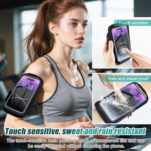 Phone Holder for Running, Running Armband Phone Holder with Carabiner, Phone Armbands for iPhone 17 16 15 14 13 12 11Pro Max & Galaxy S25/S24/S23, Cell Phone Armband Up to 6.8'' Phone (Black)