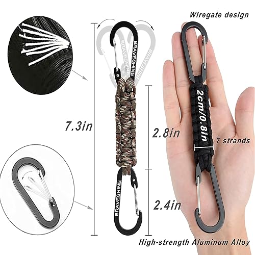 BRAVESHINE Paracord Keychain Carabiner Clip | D Ring Hanger Lanyard Hook - color: 1 Black 1 Camo