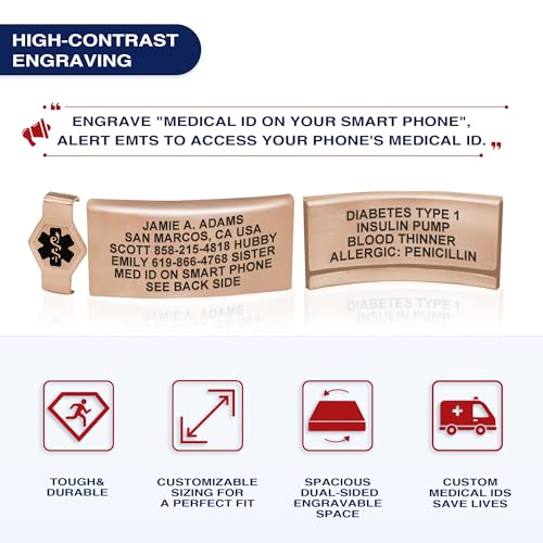 Divoti Custom Dual-Sided Engraved Silicone Medical Alert ID Wristband w/Security Clasp & Trim-to-Fit Band - Style - color: Carmella Blue / PVD Rose Gold / Black, size: Band Width - 19mm