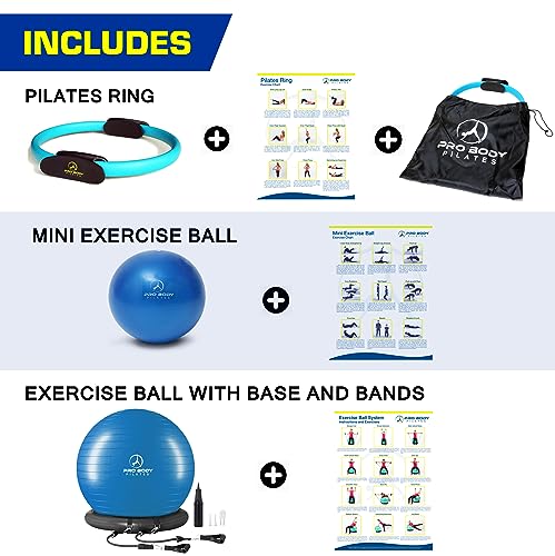 ProBody Pilates 14" Magic Circle, 9" Mini Exercise Ball and a 65 cm Yoga Ball with Base and Bands (3pcs) Bundle for Stability, Barre, Yoga, Core Training and Physical Therapy