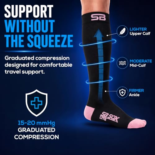 SB SOX Lite Compression Socks for Flying (15–20 mmHg) - color: Black/Pink, size: L/XL