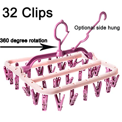 Foshine Clothes Drying Racks Foldable Clip Hangers Plastic with 32 Clips - color: Pink