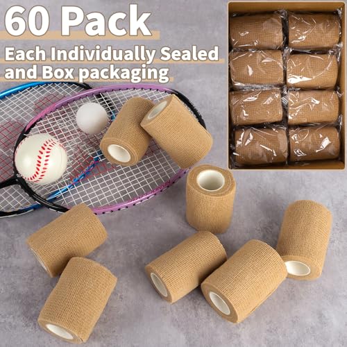 60 Pack Skin Self Adhesive Bandage Wrap Bulk 3 Inch x 5 Yards - color: Tan, size: 3in-60 PCS