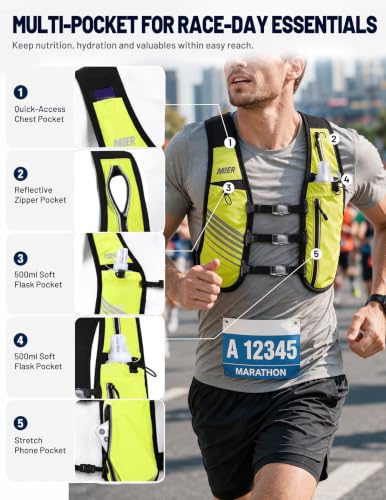 MIER Running Hydration Vest for Women Men, 500ml Soft Flask & Phone Holder - color: Neon Yellow, size: Medium-Large