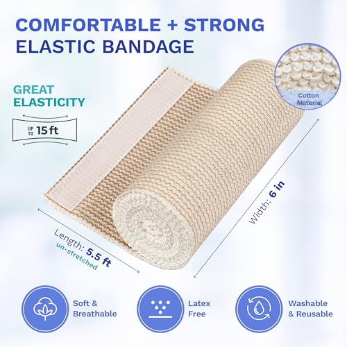 6" Elastic Bandage Wrap with Self-Closure, 2-Pack – 15 ft Stretched – Latex-Free, Reusable, Washable – Compression Support for Sprains, Injuries, Swelling, Sports Recovery - size: 6"
