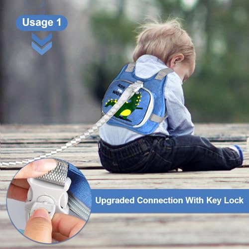 Toddler Harness Leash+ Anti Lost Wrist Link, Accmor Cute Dinosaur Kids Harness with Leash, Foldable Child Leash Baby Walking Wristband Assistant Strap Belt for Parent Boys Outdoor Activity - color: Blue/Tyrannosaurus Rex