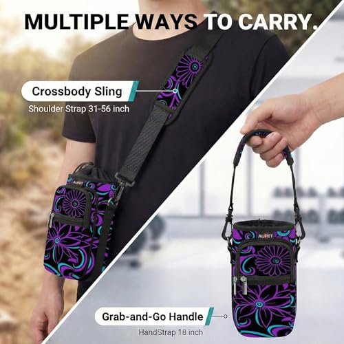 AUPET Water Bottle Sling Bag Sleeve Holder Carrier 25/32/40/64 oz,Insulated Crossbody Water Bottle Case Cover with Strap and Pockets for Men/Women Walking Hiking - color: purple flower, size: 25oz