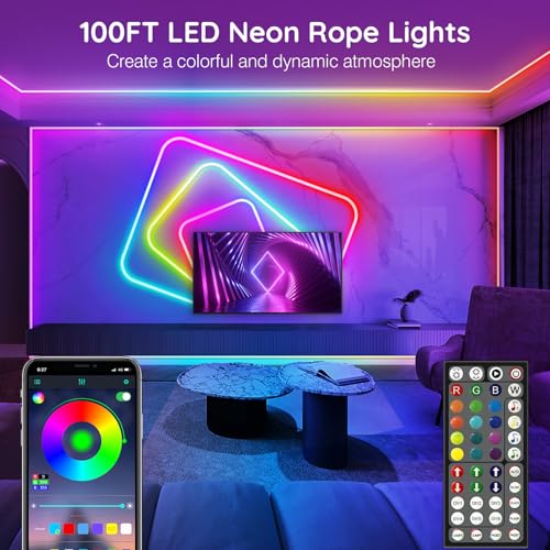 AILBTON 100FT Neon Rope Lights Flexible Led Rope Lights Control with App/Remote,Outdoor RGB Led Neon Lights NonWater Resistant,Music Sync Gaming Led NeonLight Strip，Multiple Modes RopeLights - size: 100FT