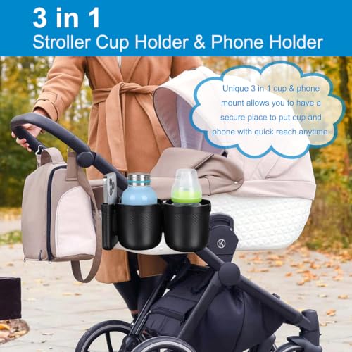 Accmor Stroller Cup Holder with Phone Holder, Bike Cup Holder, Walker Scooter Wheelchair Cup Holder Attachment, Universal Cup Holder for Uppababy Graco Strollers - color: Double Holder-All Black Texture