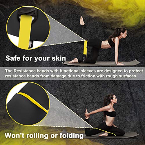 Supertrip Resistance Loop Bands with Protective Sleeves Booty Bands for Women Men 2 Pack Latex Resistance Bands and 1 Pair Non-Slip Functional Sleeves Nylon Webbing Neoprene Padding