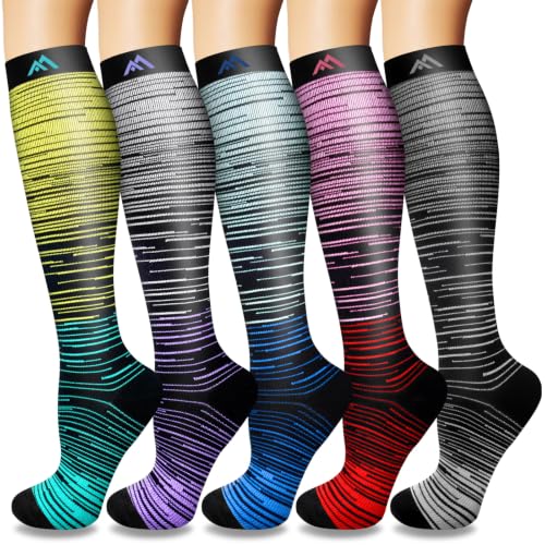 Compression Socks for Women&Men 20-30mmHg Graduated Knee High Stocking - color: 05-5 Pairs Multi Stripe 02, size: XX-Large-3X-Large