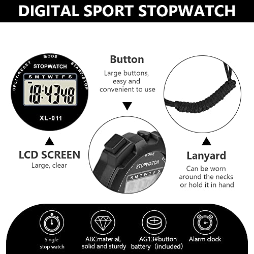 Vicloon Digital Sports Timer, Simple Travel Stopwatch with Large Display, Single Lap Split Timer, 12/24 Hour Clock Alarm Date (Black) - color: Black