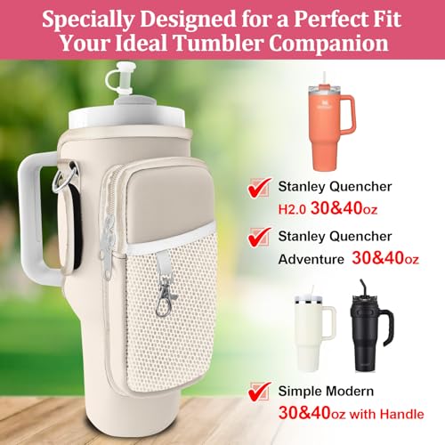 Stanley Carrier Bag for Stanley 40oz/30ozTumbler with Phone with 2 Adjustable Strap,3 Pockets Bottle Stanley Cup Carrier Bag & Case,Accessories for Hiking Travelling - color: Beige