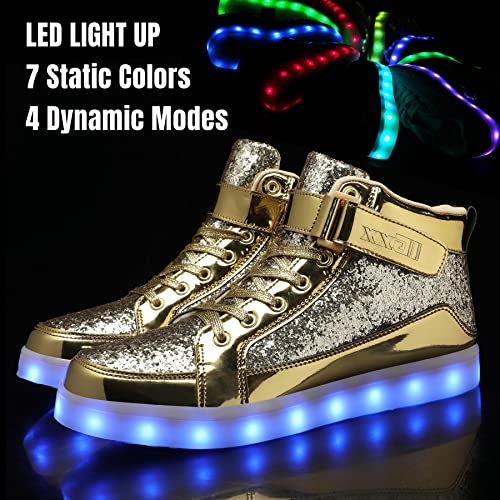 IGxx LED Light Up Shoes for Men Women Sparkly Sneakers High Top - color: Glitter Gold, size: 5 Women/5.5 Men