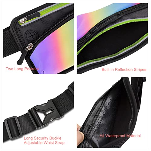 Running Belt Sport Waist Pack/Pouch w/Water Bottle Holder Hydration Fanny Pack Reflective Stripes Cellphone Storage Earphone hole for Dog walker Hiking Travel Adjustable Women/Men (Rainbow Stripes) - color: Rainbow Stripes