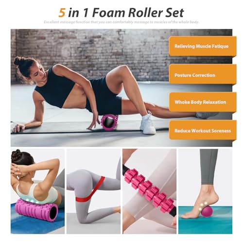 SUBCULTUREPICK 5 in 1 Foam Roller Set for Deep Tissue Muscle Massage - color: Pink-black