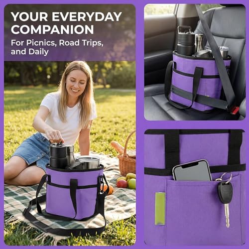 Drink Carrier Bag 4 Compartment Family Size Insulated Water Bottle Holder & Tumbler Tote with Adjustable Strap Nylon Organizer Caddy with Front Pocket for Picnic No-Spill for Car (Purple)