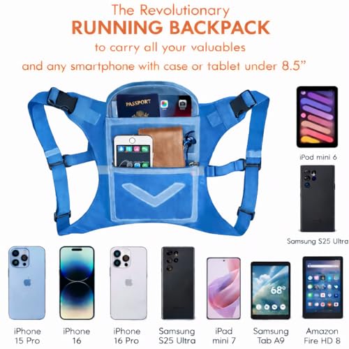 Runtasty Running Mini Backpack Vest for Men & Women, Reflective Phone Holder, Fits Any Phone & iPad Mini, Lightweight Gear - color: Sky Blue