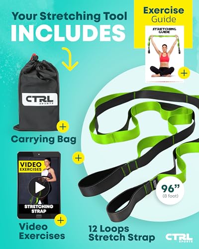 Stretching Strap with Loops - Non Elastic Yoga Strap for Physical Therapy - style: 12 Loops - Green