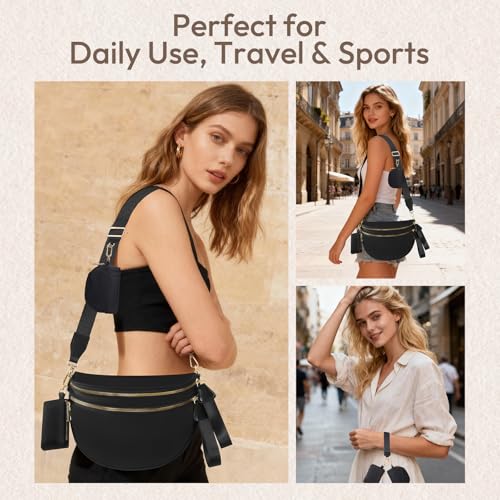 Cross Body Bag for Women Bum Bag Checkered Belt Bags Fanny Packs for Girls Travel Purse Fashion Waist Packs Crossbody Nylon Purse Trendy Shoulder Bags for Womens - color: Black