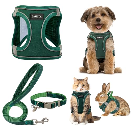 GAMUDA Small Pet Harness Collar and Leash Set, Step in No Chock No Pull Linen Fabric Soft Mesh Dog Vest Harnesses Reflective for Dogs Puppy Cats Kitten Rabbit (Green, S) - color: Green, size: Small