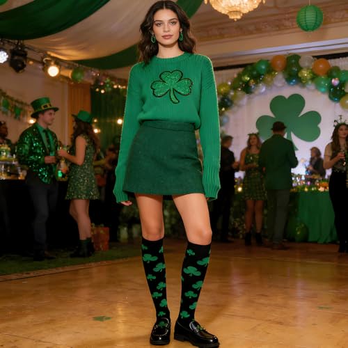 Compression Socks for Women Festival Knee High Socks Calf Stockings - color: Black Green Shamrock, size: Large