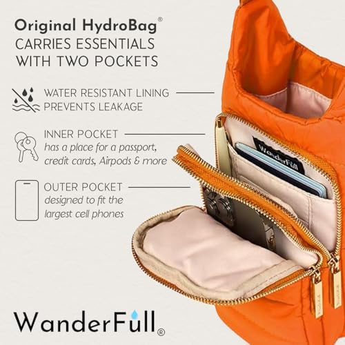 WanderFull Original HydroBag Crossbody Water Bottle Holder with Phone Pocket, Fits Water Bottles up to 32 oz - color: Orange Matte - Patterned Strap
