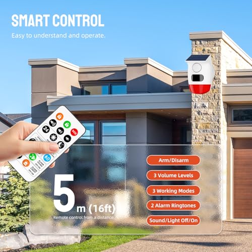 PGST Solar Strobe Alarm Light, Wireless Security Alarm with Remote Control, IP65 Waterproof Solar Powered Siren, 120dB Loud Sound for Home, Farm, Barn, Villa, Yard and Property Safety
