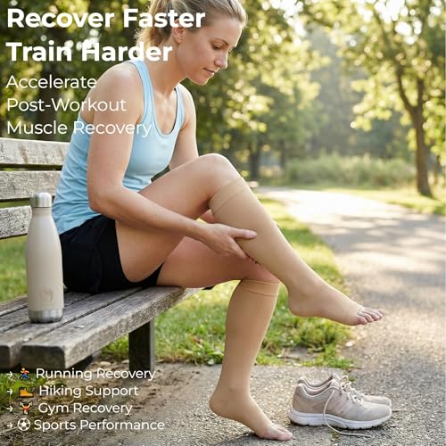 MGANG Plus Size Medical Compression Stockings for Women & Men, Open Toe - color: Knee High Open Toe Beige, size: 4X-Large